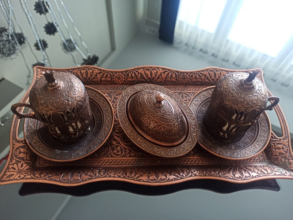 Kahverengi İşlemeli Bakır Türk Kahvesi Fincan Seti - Görsel 2