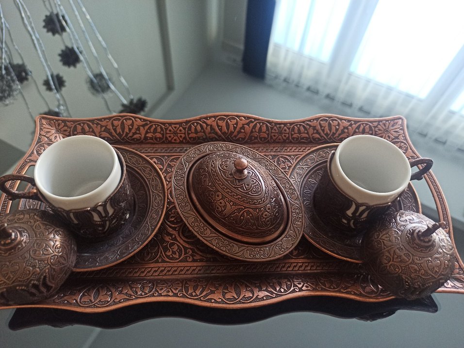 Kahverengi İşlemeli Bakır Türk Kahvesi Fincan Seti - Görsel 3