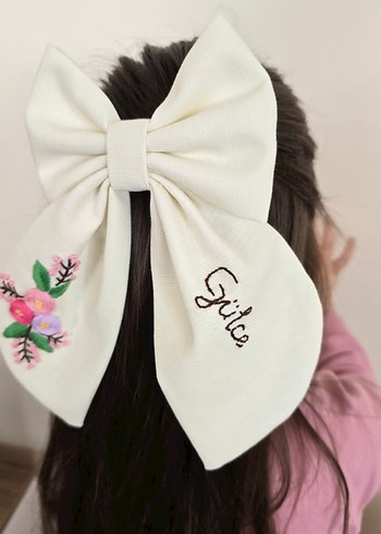 Nakışlı Pamuk Beyaz Fiyonk Saç Tokası - Görsel 2