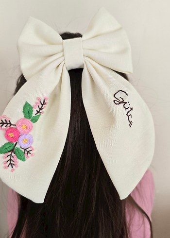 Nakışlı Pamuk Beyaz Fiyonk Saç Tokası - Görsel 3