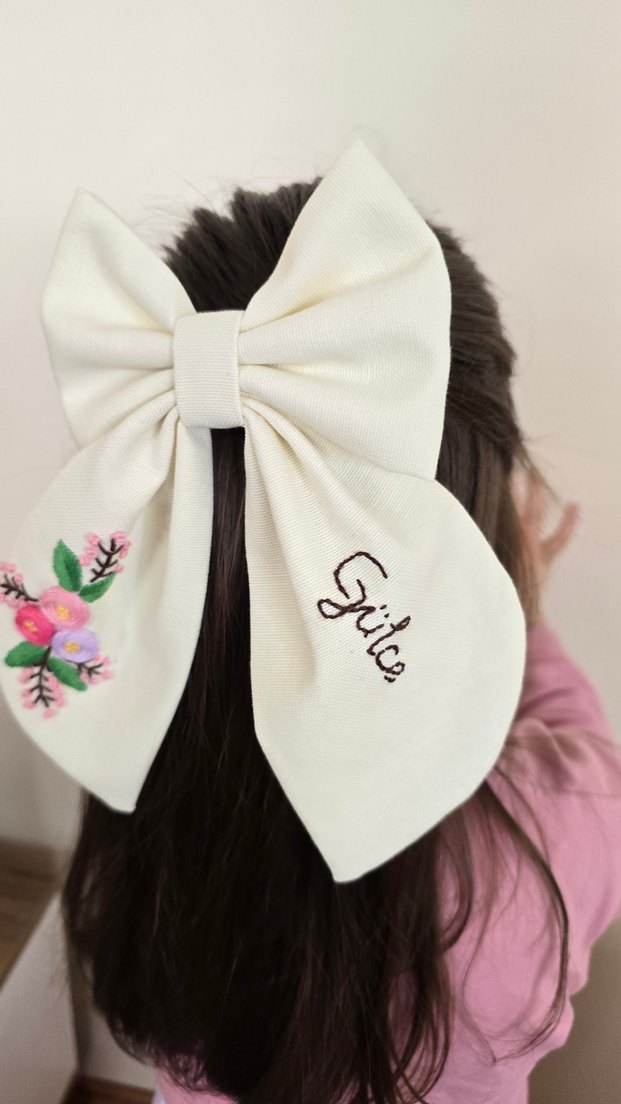 Nakışlı Pamuk Beyaz Fiyonk Saç Tokası - Görsel 2