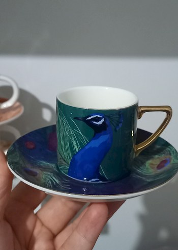 Beden Mavi Tavuskuşu Desenli 2'li Kahve Fincanı Seti