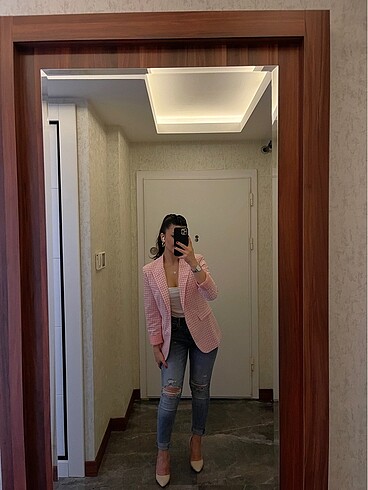 Pembe kareli blazer ceket