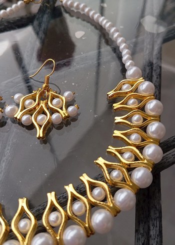 Uzun Parlak Altın İnci Kolye ve Küpe Seti - Görsel 2