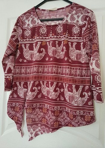 m Beden Fancy marka M beden Bordo Bohem Desenli Uzun Kollu bluz