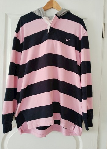 Smile marka XXXL Düğmeli kapşonlu Çizgili Sweatshirt