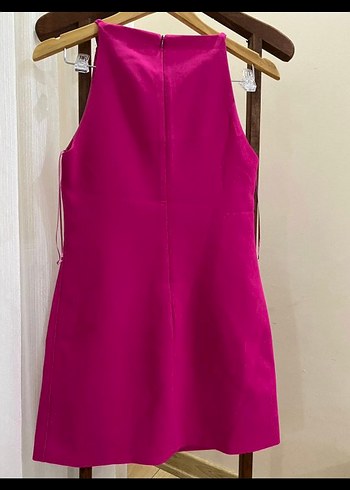 Pembe Fermuarlı V Yakalı Kalem mini Elbise - Görsel 2