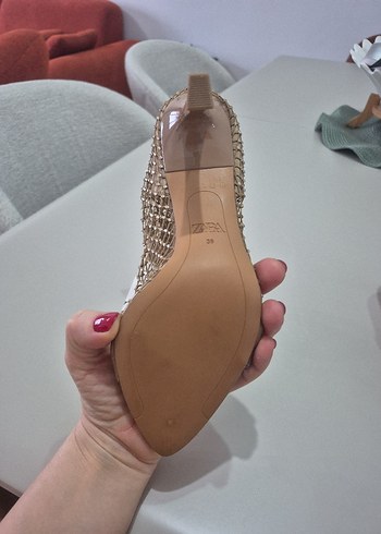 Bej Kemerli Fileli Stiletto Topuklu Kadın Ayakkabı - Görsel 6