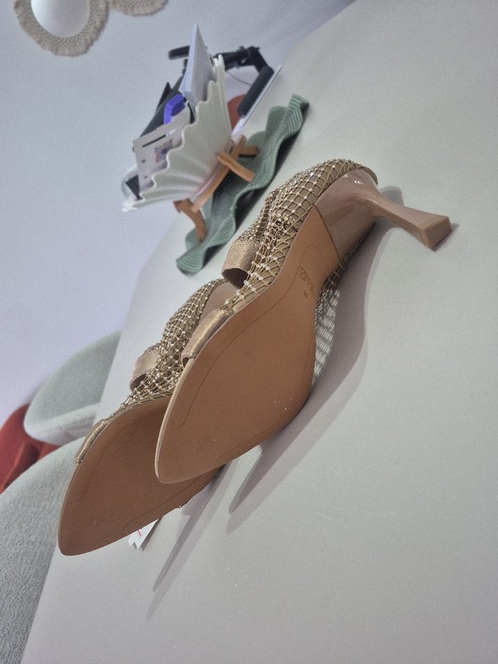 Bej Kemerli Fileli Stiletto Topuklu Kadın Ayakkabı - Görsel 2