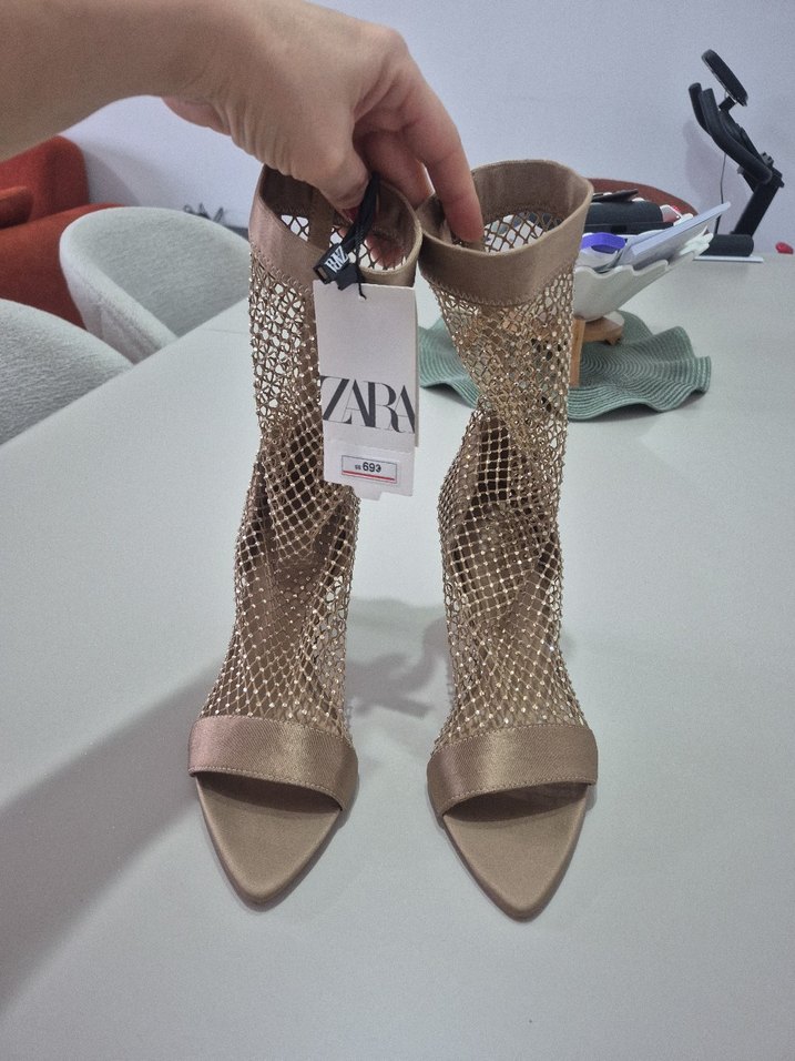 Bej Kemerli Fileli Stiletto Topuklu Kadın Ayakkabı - Görsel 5