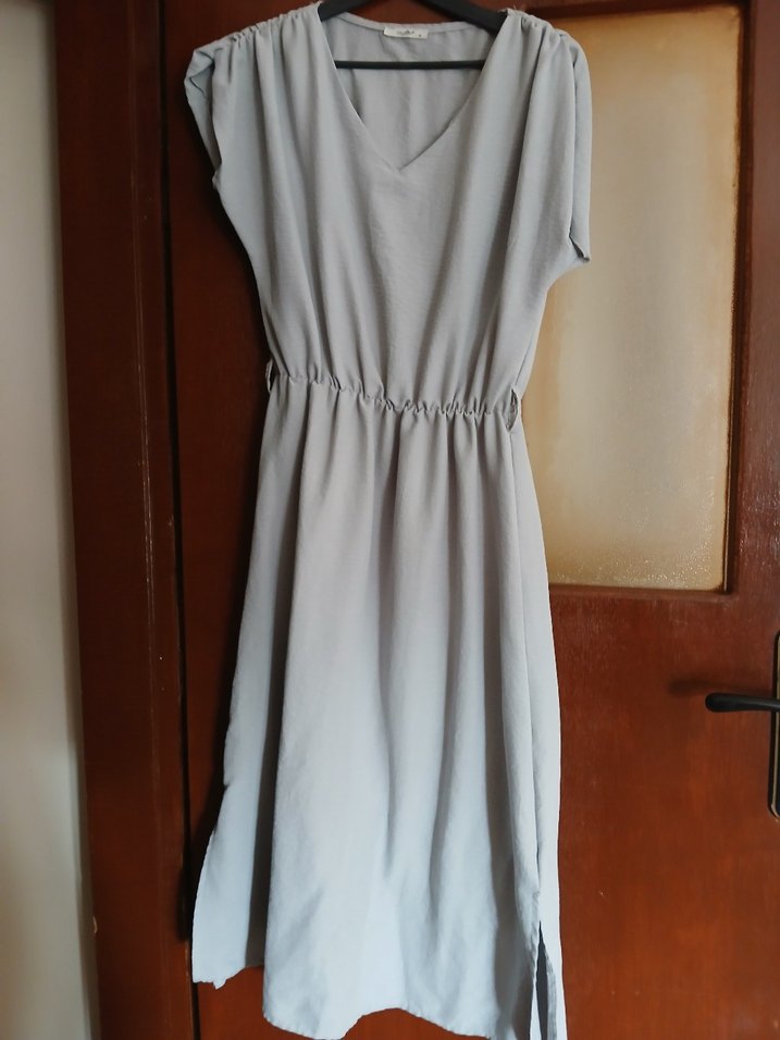 Gri V Yakalı Keten Salaş Elbise - Görsel 2