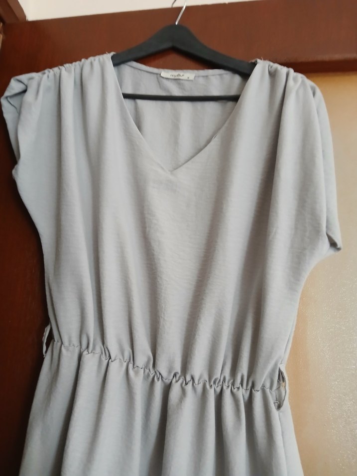 Gri V Yakalı Keten Salaş Elbise - Görsel 3