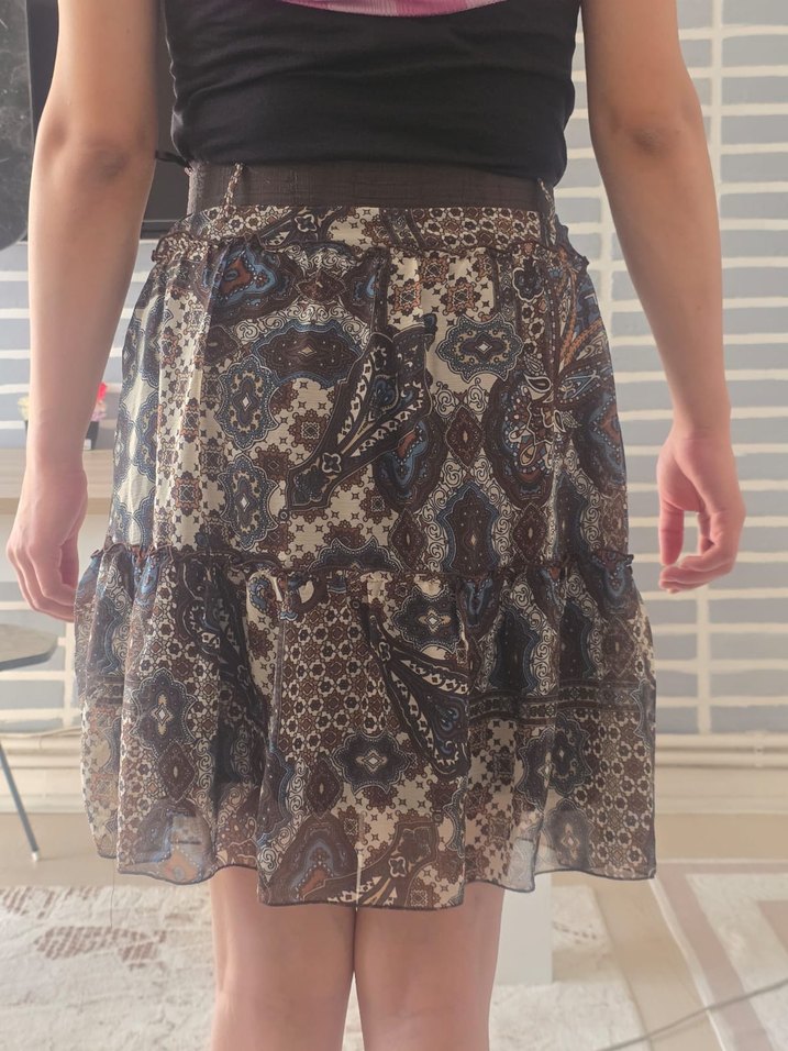 Desenli Kahverengi Midi Bohem Etek - Görsel 2