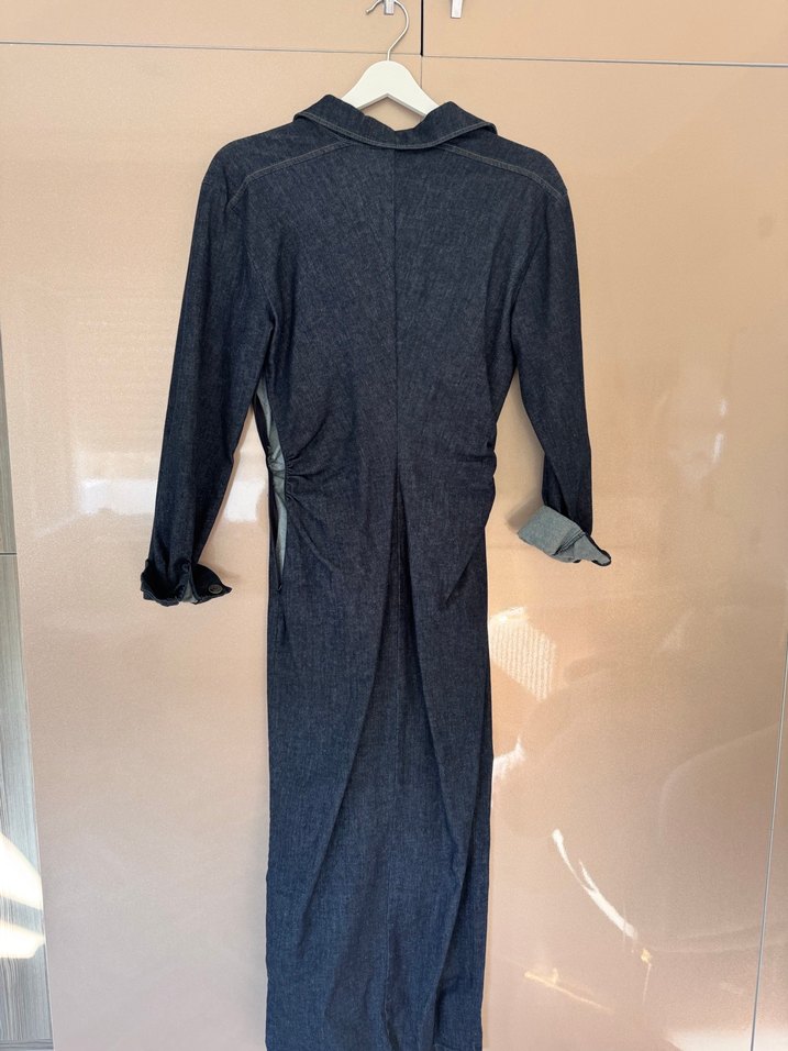 Düğmeli Lacivert Uzun Denim Elbise - Görsel 3