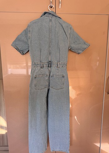 Gri Kısa Kollu Denim Tulum - Görsel 3