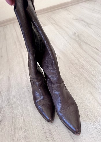 Kahverengi Deri Dizüstü Stiletto Çizme - Görsel 2