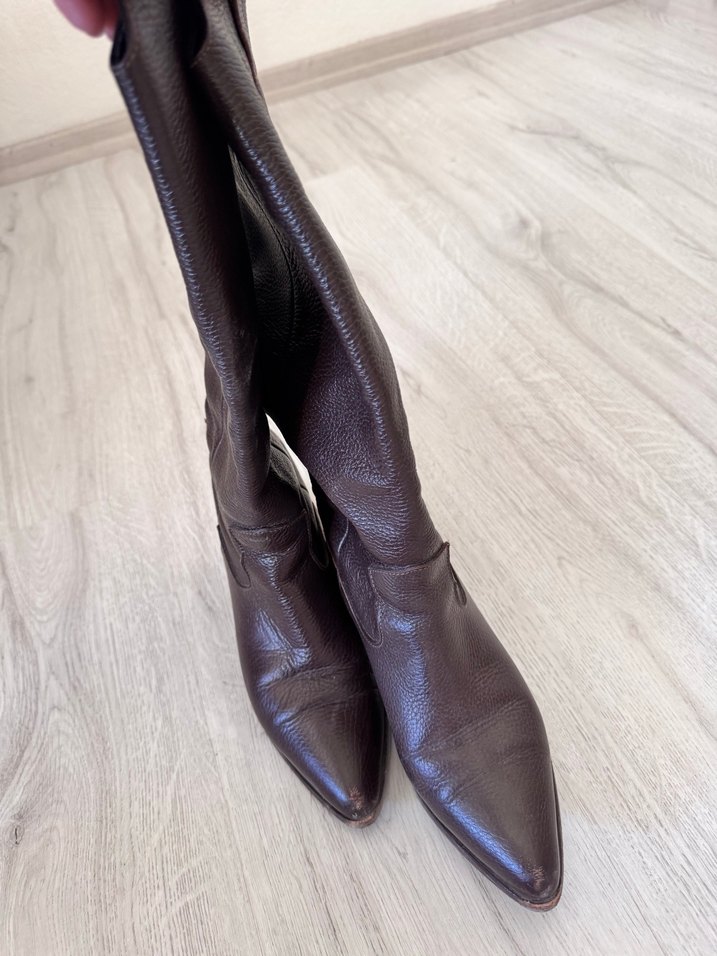 Kahverengi Deri Dizüstü Stiletto Çizme - Görsel 2