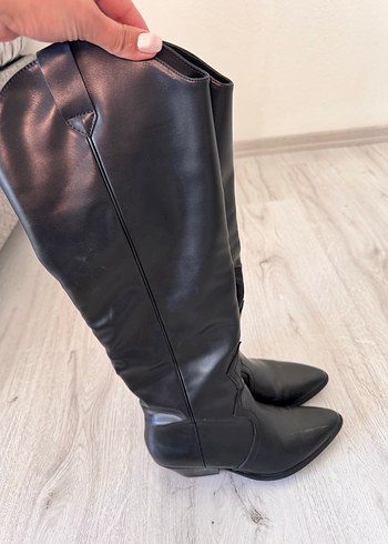 Kadın Siyah Deri Dizüstü Çizme Stiletto Topuklu - Görsel 2