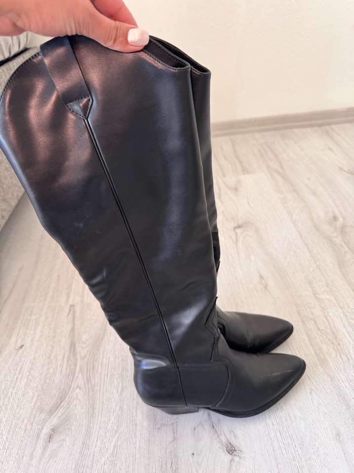 Kadın Siyah Deri Dizüstü Çizme Stiletto Topuklu - Görsel 2