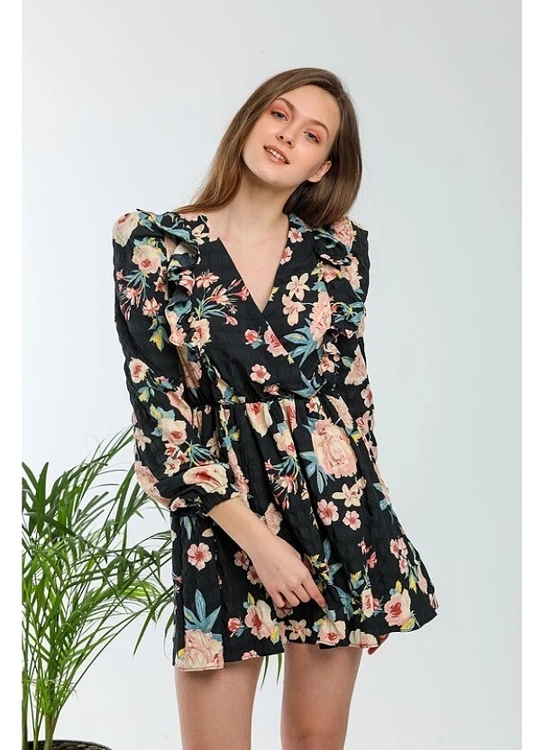 Kolu vatkalı kruvaze yaka çiçekli elbise  - Görsel 3