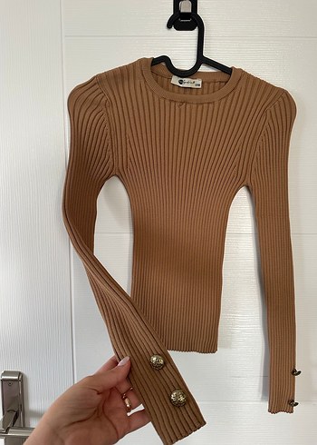 Kolu Düğmeli Basic Camel Kahverengi Triko - Görsel 3