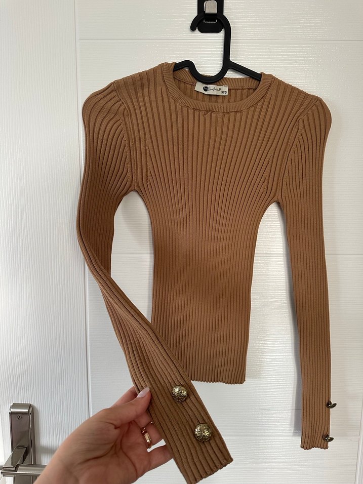 Kolu Düğmeli Basic Camel Kahverengi Triko - Görsel 3