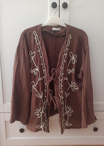 Nakışlı Kahverengi Kimono