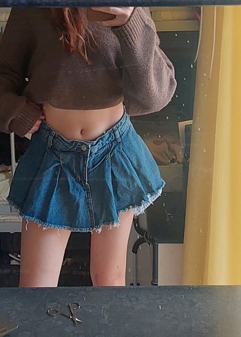 Kadın Mavi Pileli Mini Kot Etek - Görsel 2