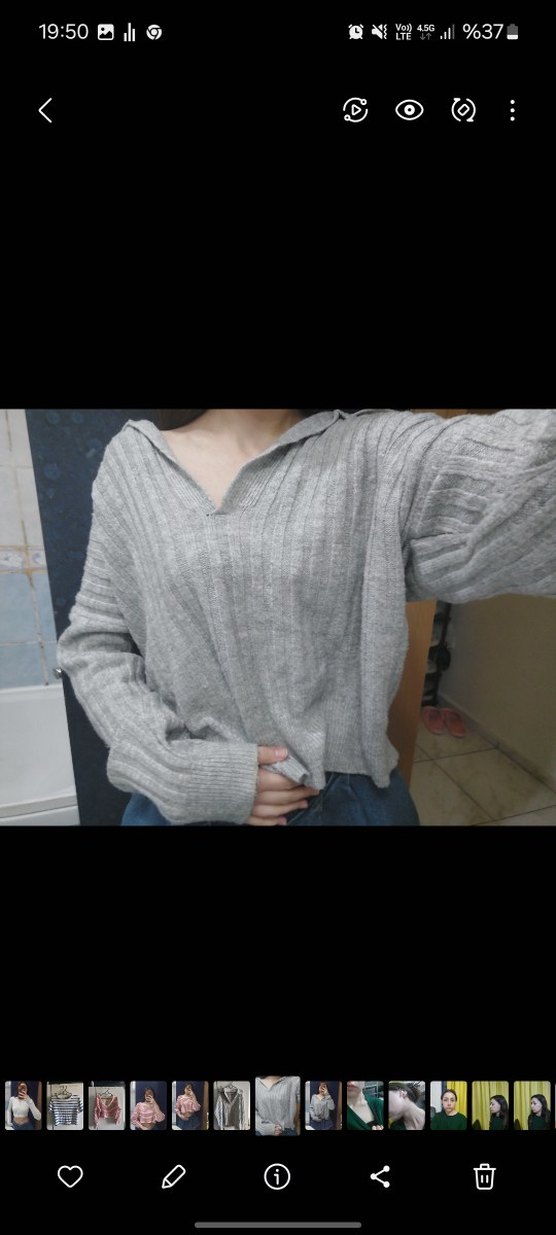 Gri V Yaka Örgü Kadın Kazak - Görsel 2