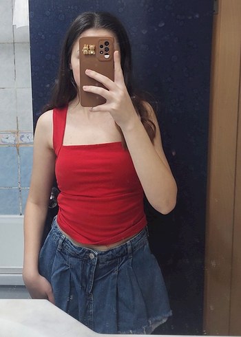 Kırmızı Straplez Denim Crop Top - Görsel 2