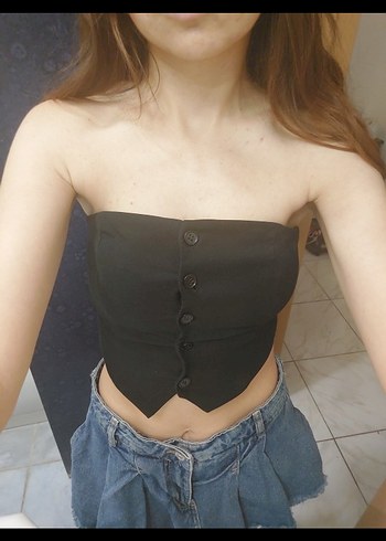 Siyah Kot Düğmeli Straplez Büstiyer - Görsel 2