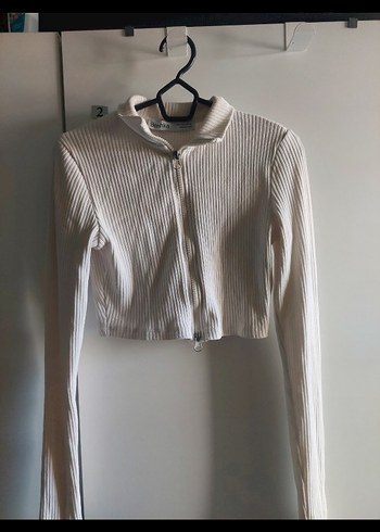 Beyaz Fermuarlı Uzun Kollu Crop Top - Görsel 3