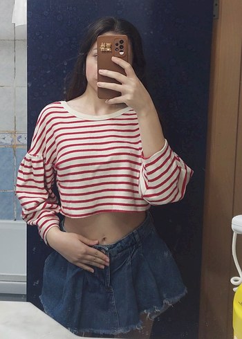 Kırmızı Çizgili Uzun Kollu Midi Sweatshirt - Görsel 2