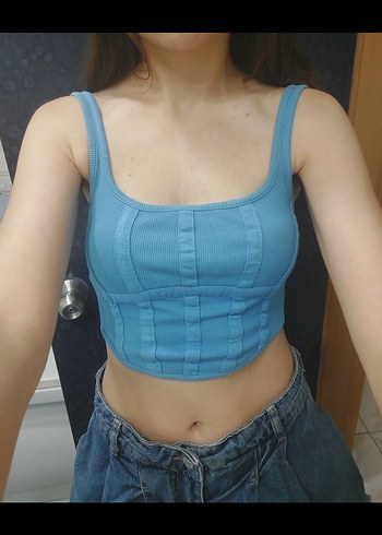 Mavi Fitilli Düğmeli Kadın Atlet - Görsel 2