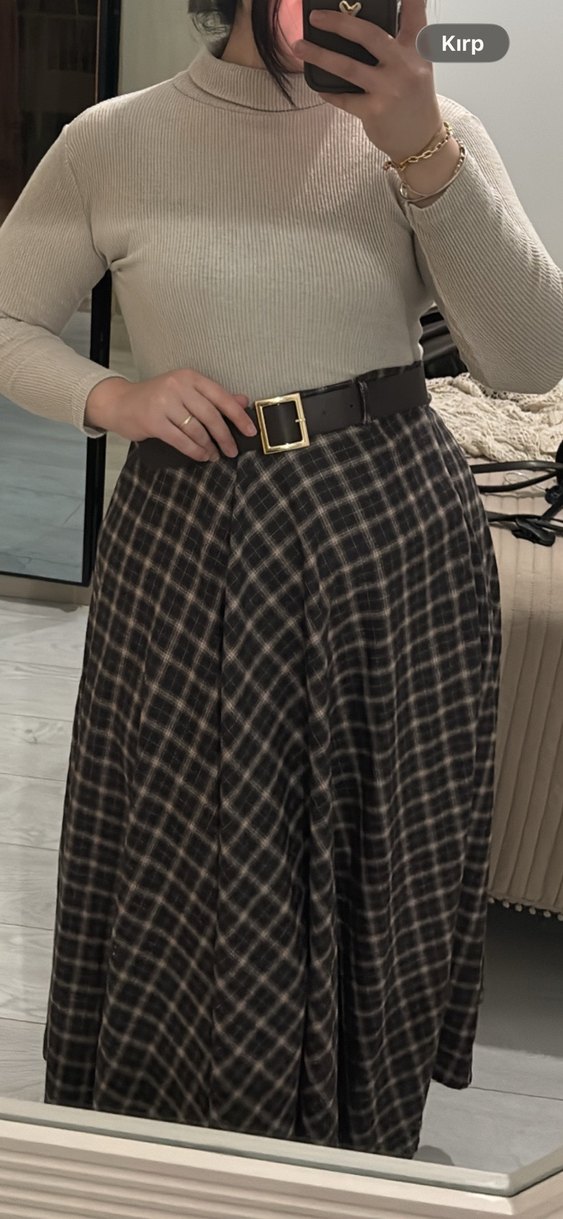 Kahverengi Ekoseli Uzun Kadın Etek - Görsel 2