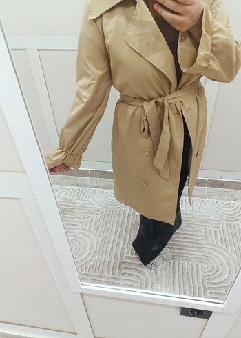 Bej Midi Kadın Trençkot, Düğmeli, Salaş Kesim - Görsel 3