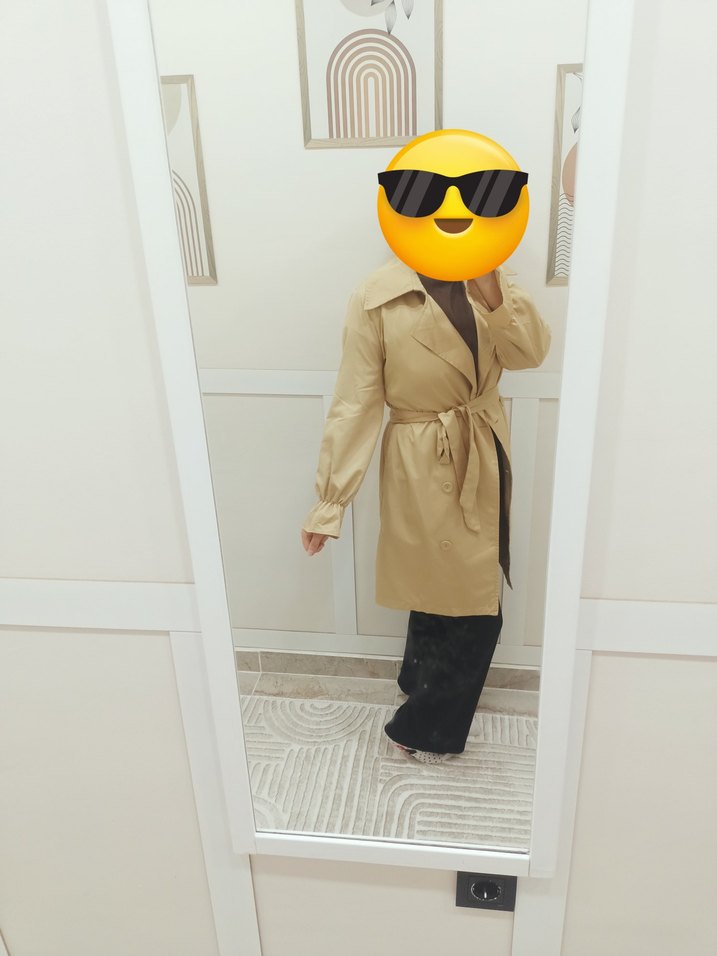 Bej Midi Kadın Trençkot, Düğmeli, Salaş Kesim - Görsel 2