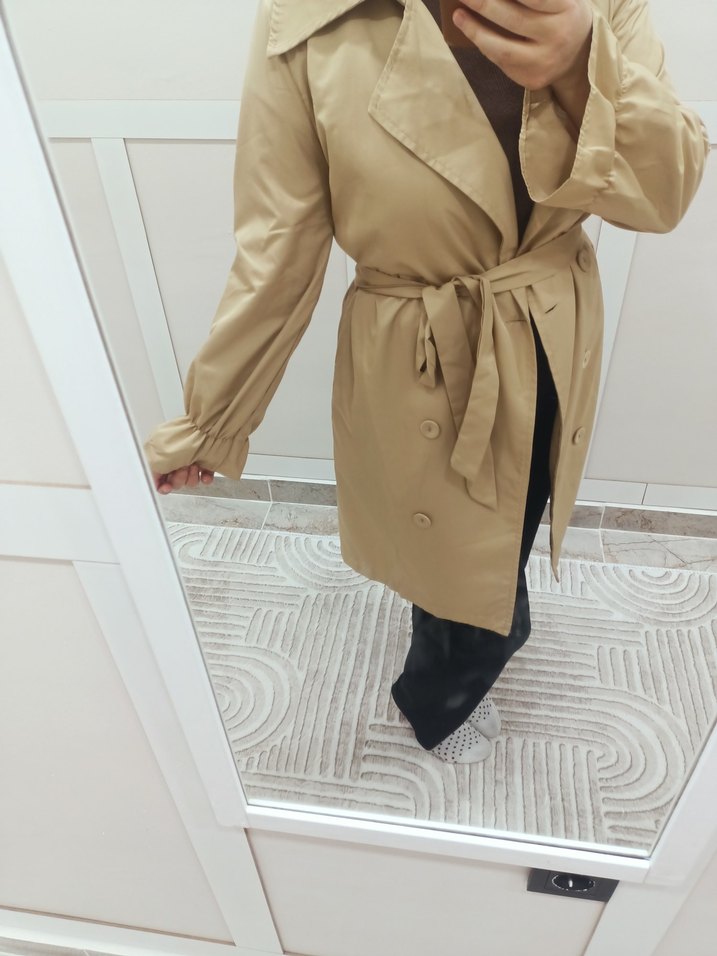 Bej Midi Kadın Trençkot, Düğmeli, Salaş Kesim - Görsel 3
