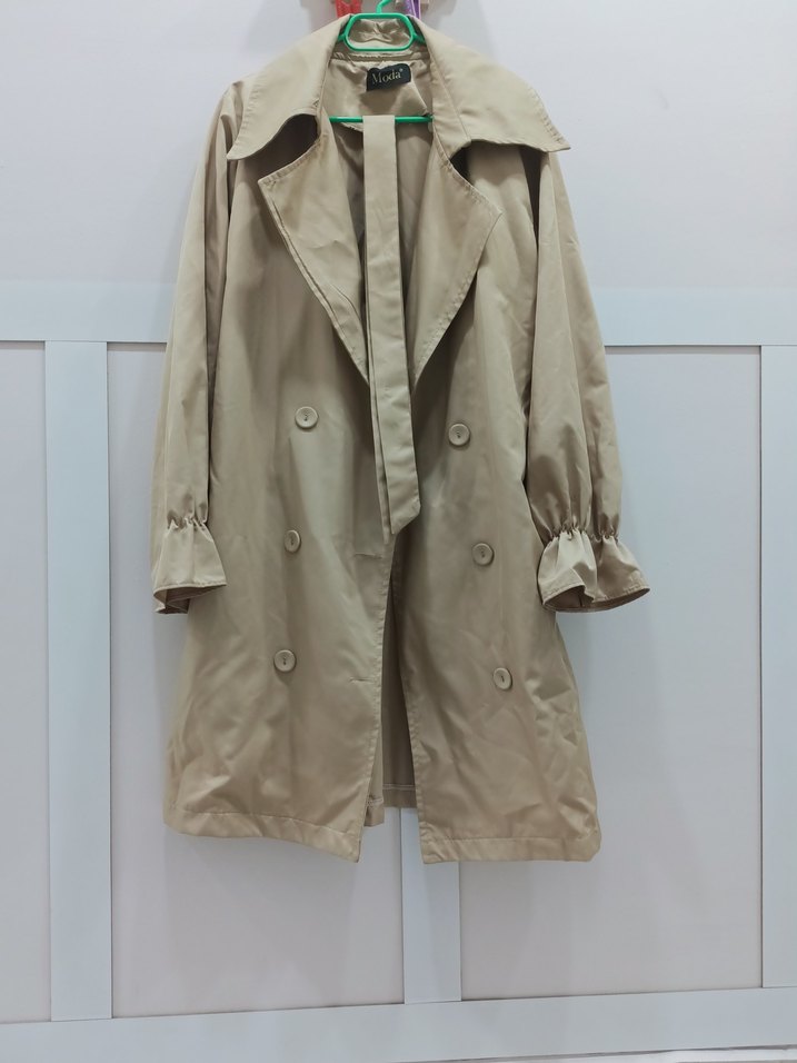 Bej Midi Kadın Trençkot, Düğmeli, Salaş Kesim - Görsel 5