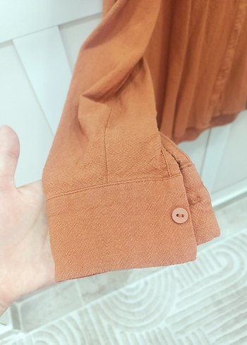 Düğmeli Uzun Kollu Bej Keten Gömlek - Görsel 8