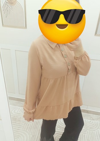 Camel Rengi Yüksek Yakalı Salaş Midi Tunik - Görsel 2