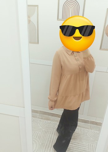 Camel Rengi Yüksek Yakalı Salaş Midi Tunik - Görsel 3