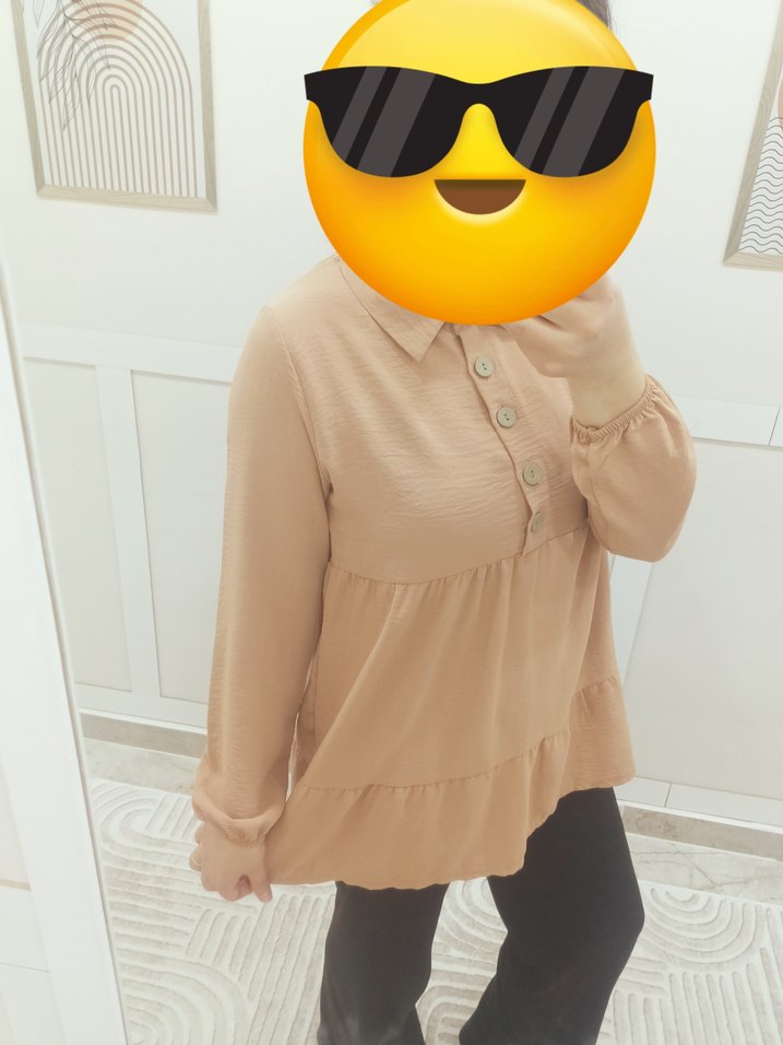 Camel Rengi Yüksek Yakalı Salaş Midi Tunik - Görsel 2