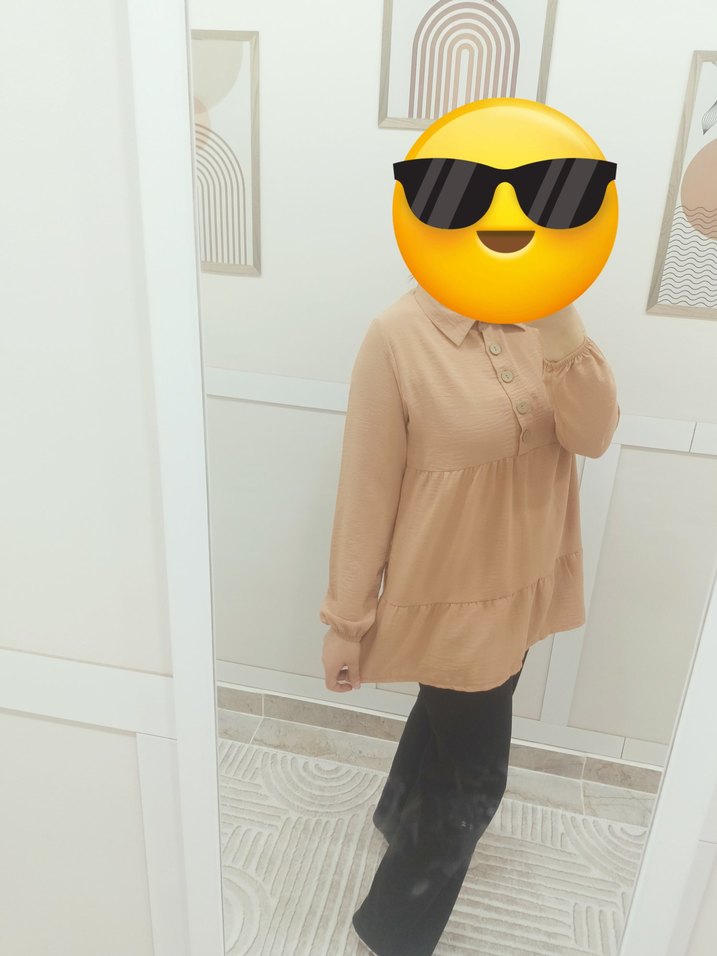 Camel Rengi Yüksek Yakalı Salaş Midi Tunik - Görsel 3