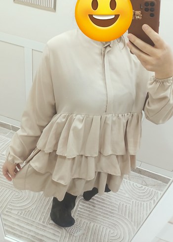 Bej Mini Kadın Tunik Fırfırlı Yüksek Yaka - Görsel 3