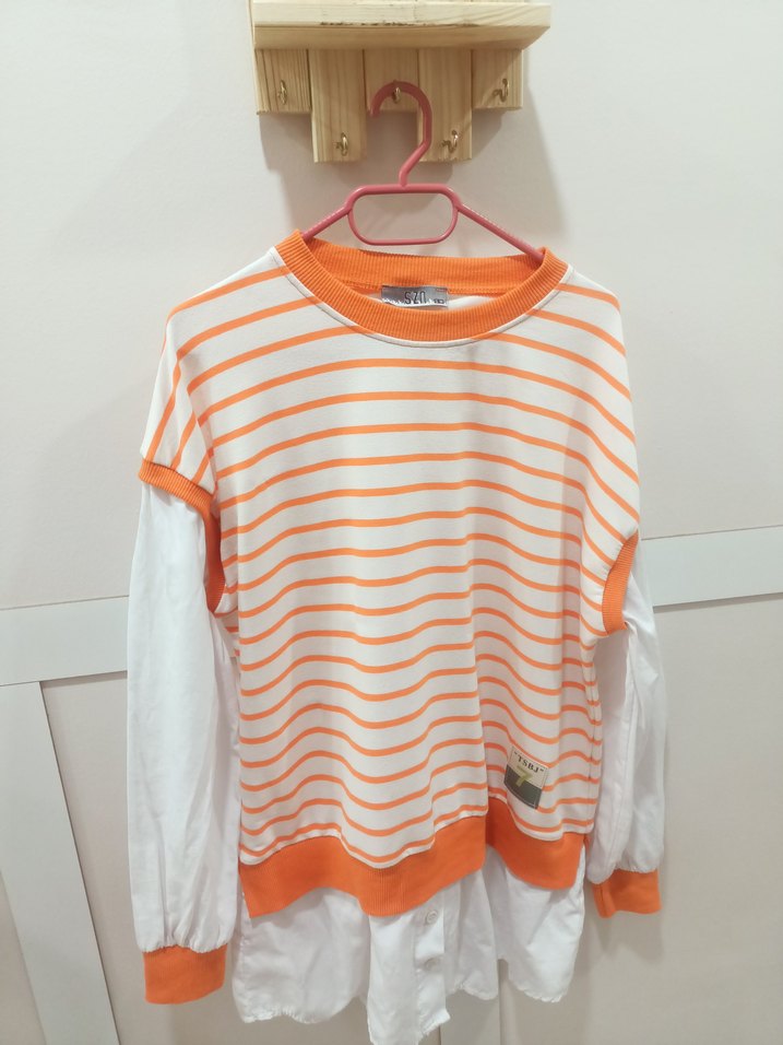 Turuncu Çizgili Kadın Uzun Kollu Gömlek - Görsel 2