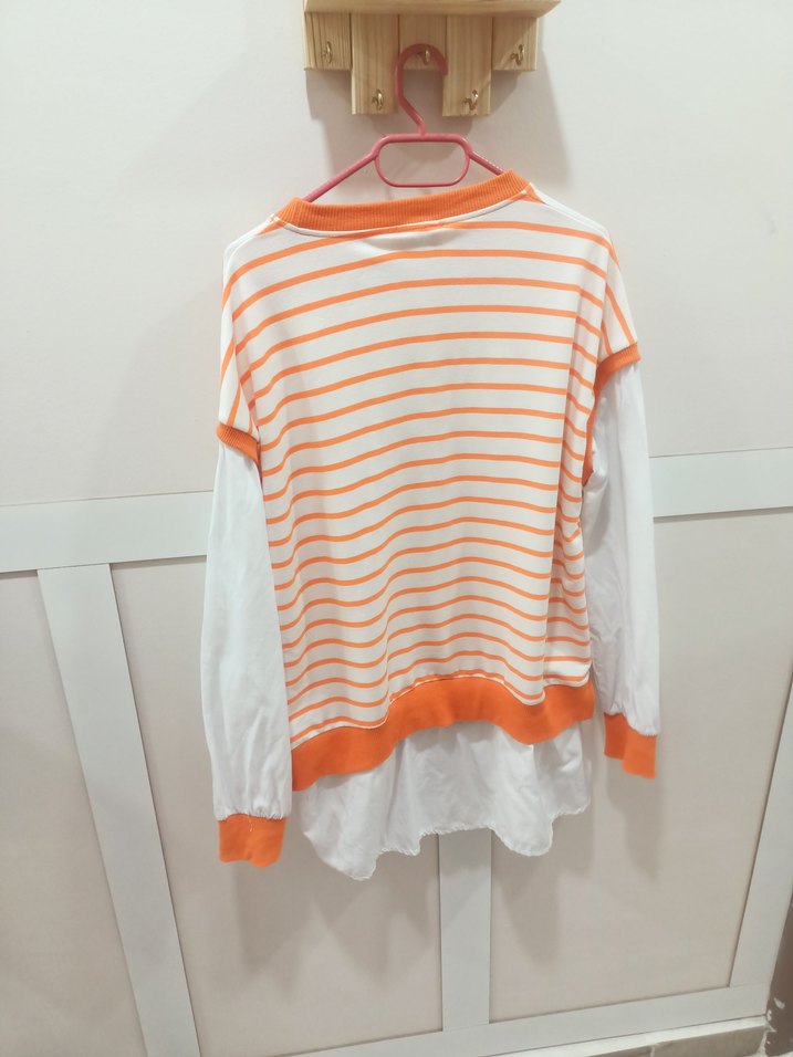 Turuncu Çizgili Kadın Uzun Kollu Gömlek - Görsel 3