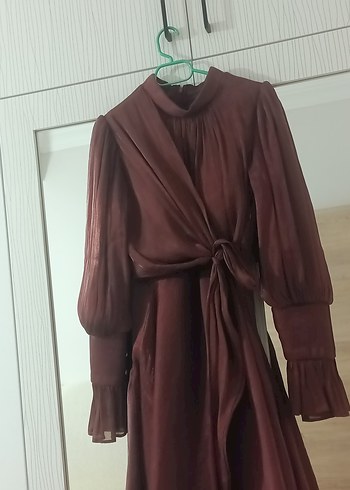Bordo Uzun Kollu Salaş Uzun Elbise (abiye) - Görsel 4
