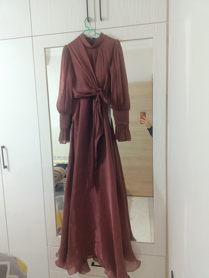 Bordo Uzun Kollu Salaş Uzun Elbise (abiye) - Görsel 2