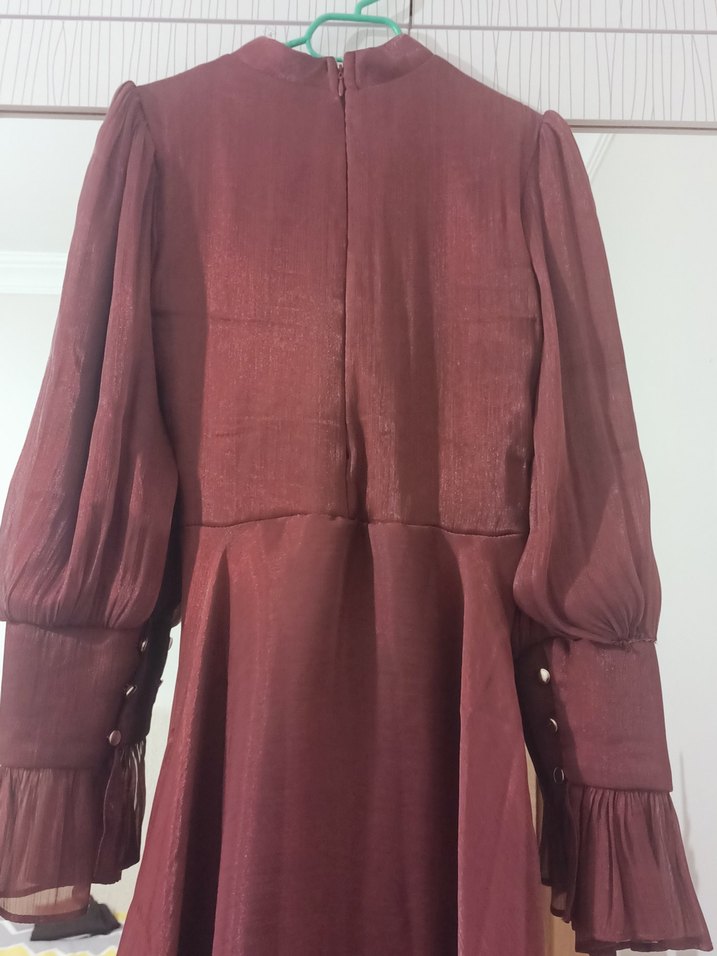 Bordo Uzun Kollu Salaş Uzun Elbise (abiye) - Görsel 5